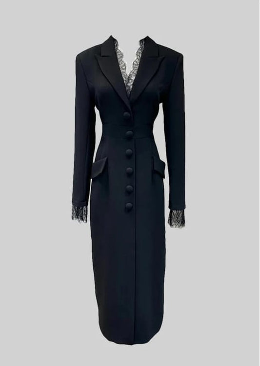 Elegant Buttoned Dress With Lace Details - Black