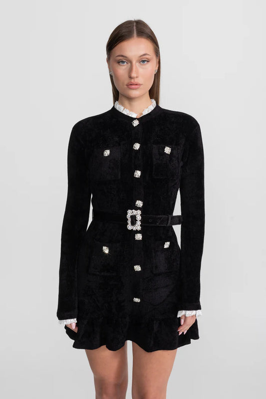 Knit Crystal-Button Mini Dress With Matching Belt – Black