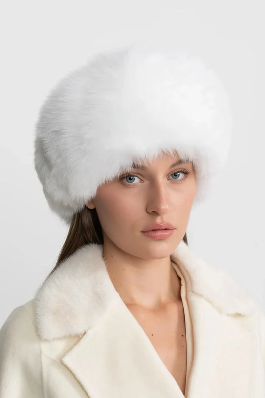 Fur Trimmed Hat With Pom-Pom Ties – White