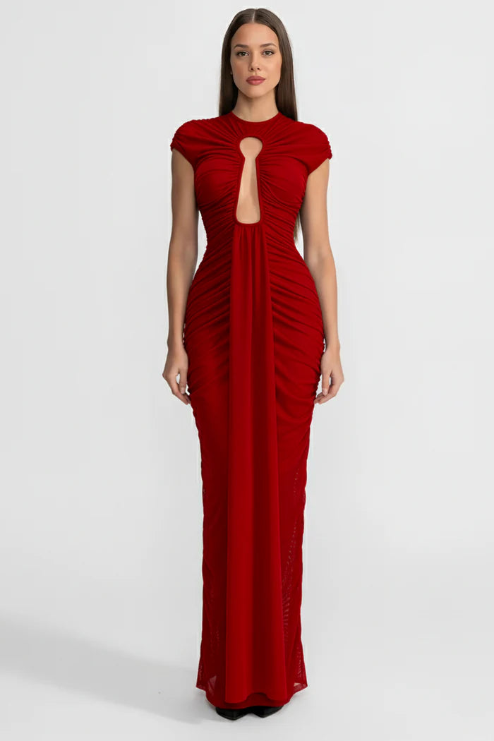 Draped Cut-Out Gown With Gathered Detailing – Red