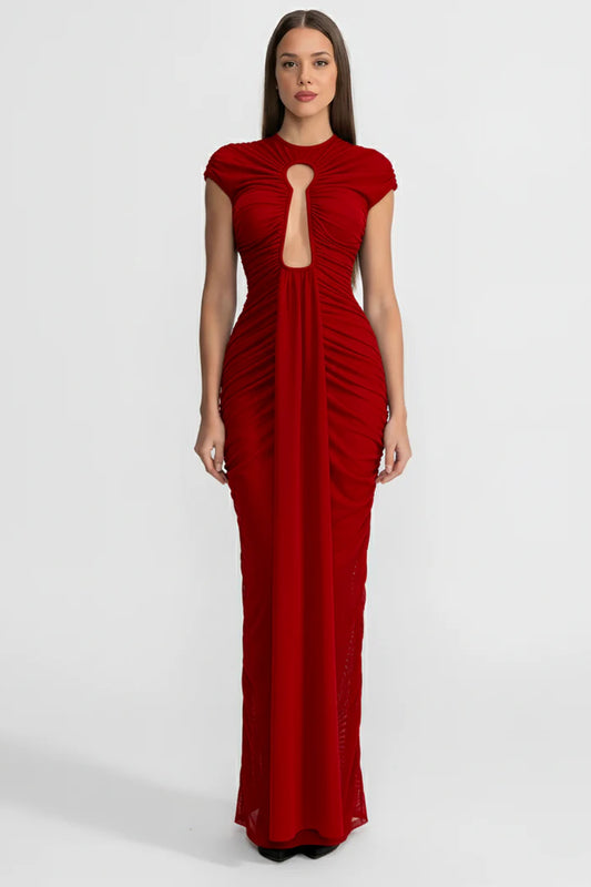 Draped Cut-Out Gown With Gathered Detailing – Red