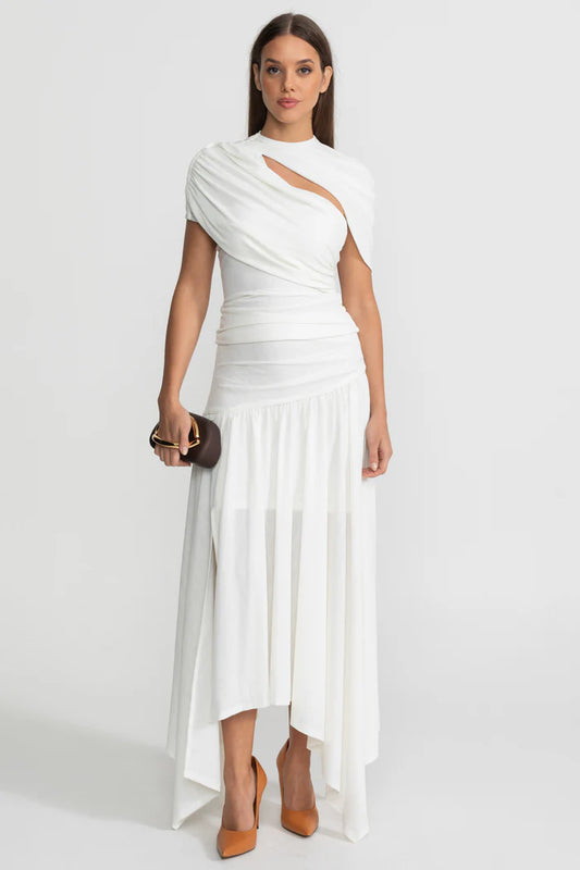 Asymmetric Jersey Dress with Draped Shoulder and Cutout Detail - White