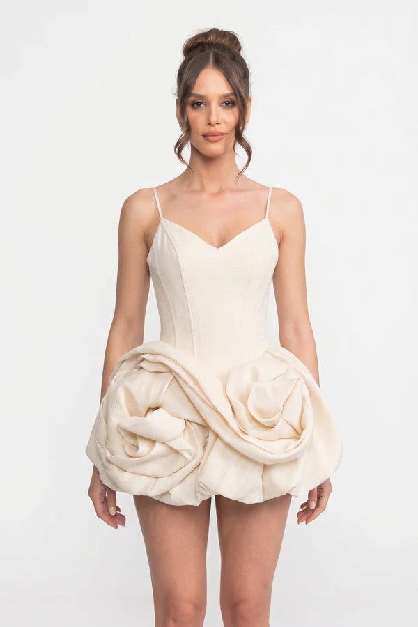 Spaghetti-Strap Velvet Mini Dress With 3D Rose Skirt - Ivoire