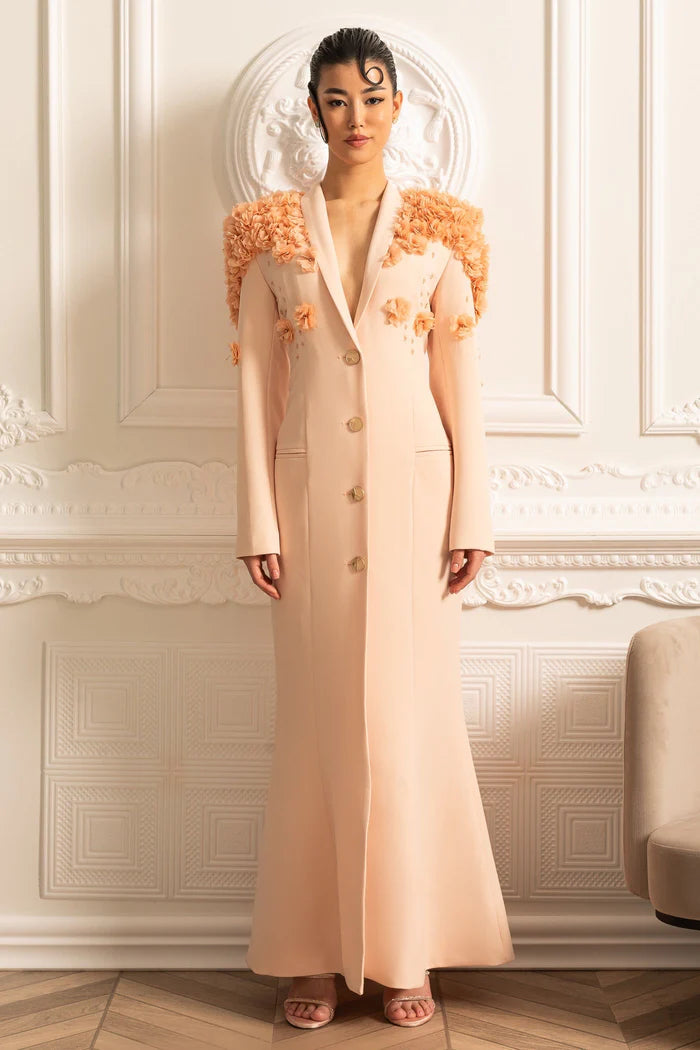 Long Overcoat With 3D Contrasting Floral Shoulder And Back Accents - Peach