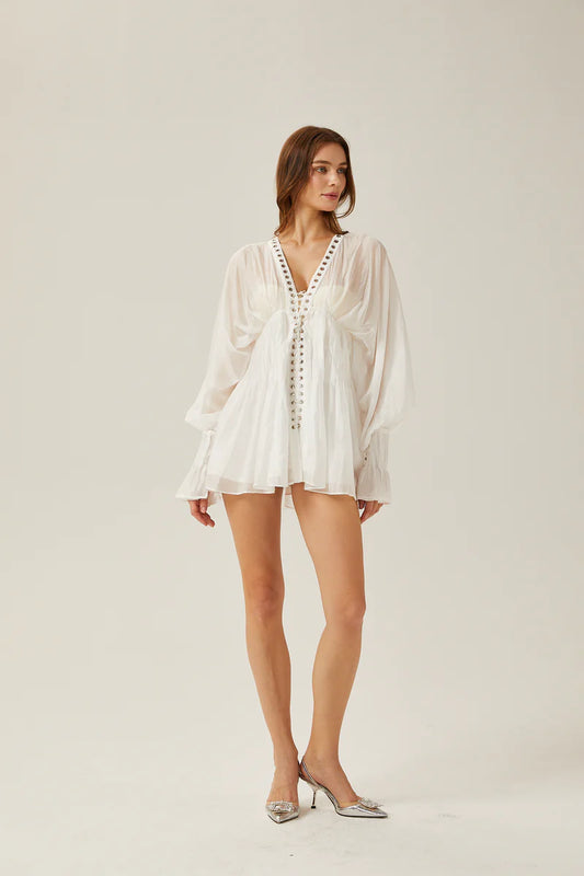 Yvonne en V-Neck Front-Tie Semi-Sheer Mini robe
