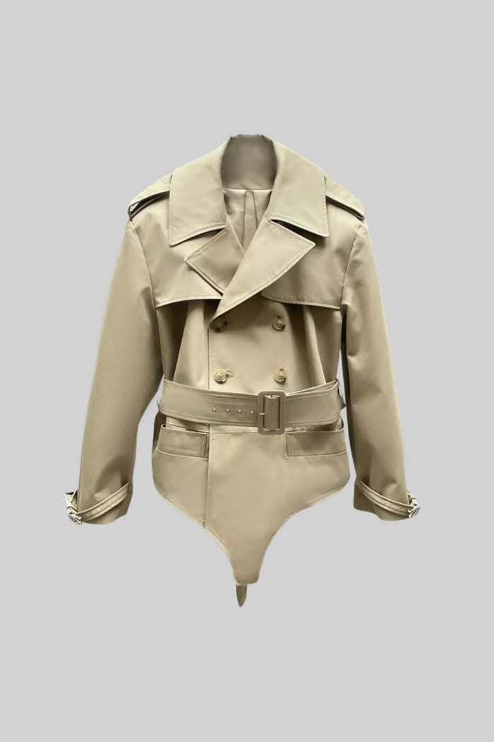 Trench Bodysuit Jacket with Belted Waist and Structured Lapel - Beige