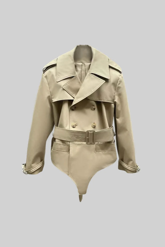 Trench Bodysuit Jacket with Belted Waist and Structured Lapel - Beige