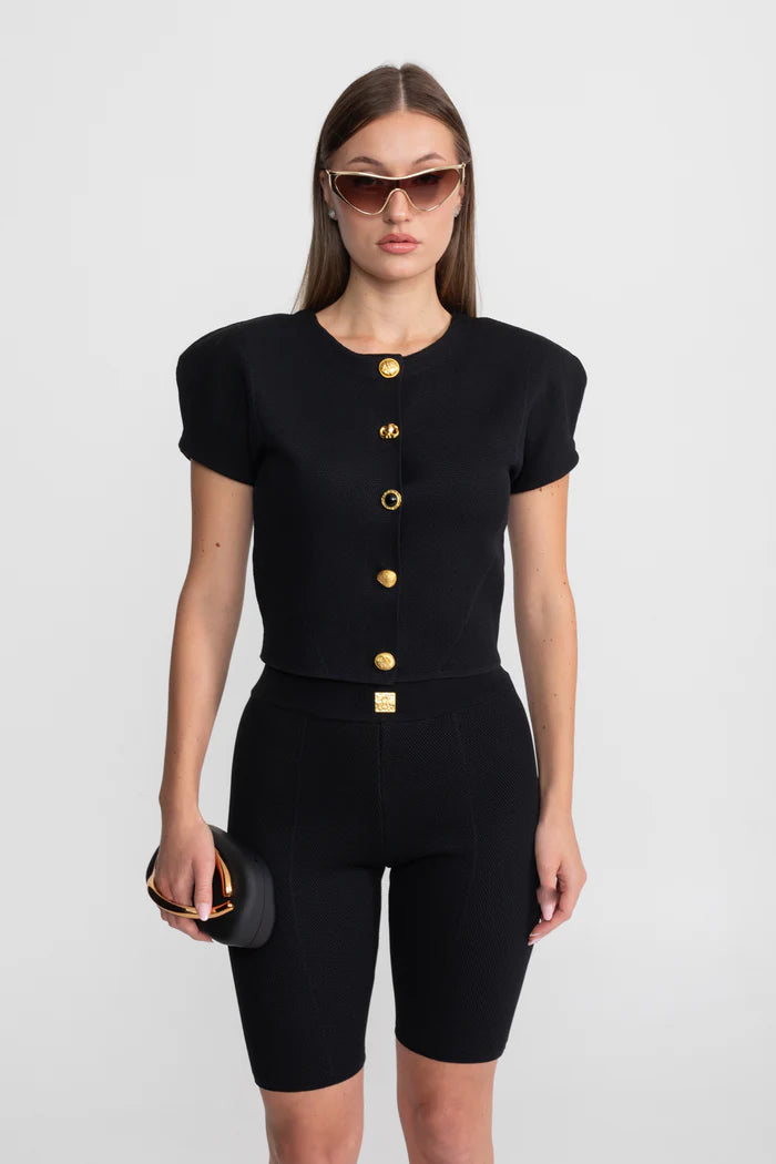 Textured Knit Co-ord Set With Structured Shoulders – Black