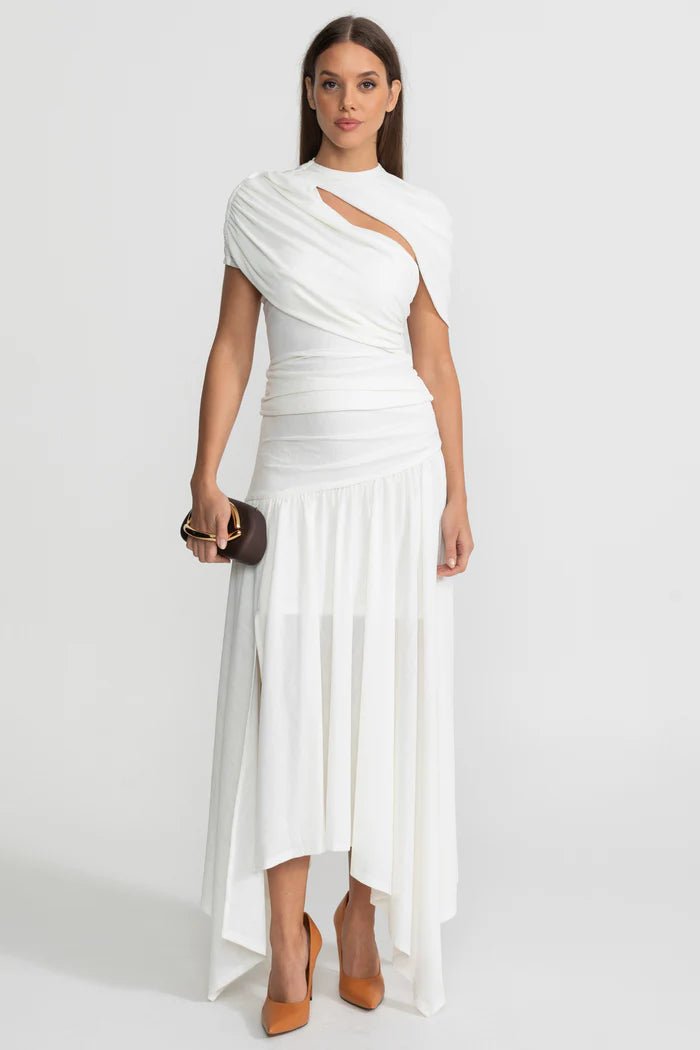 Asymmetric Jersey Co-Ord with Draped Shoulder and Cutout Detail - White