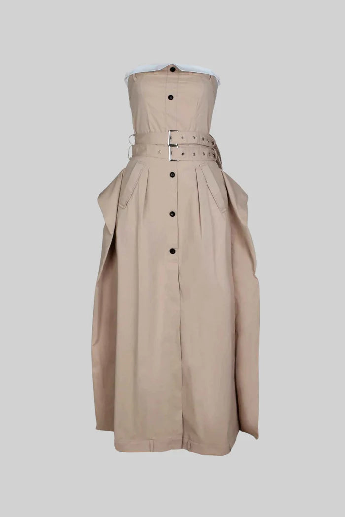 Strapless Trench Dress with Belted Waist and Buttoned Front - Beige