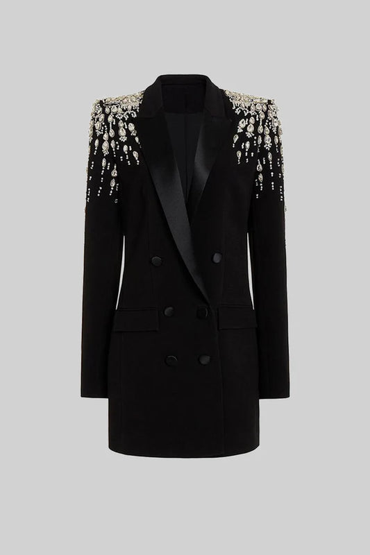 Elegant Blazer With Diamond Embellished Shoulders - Black