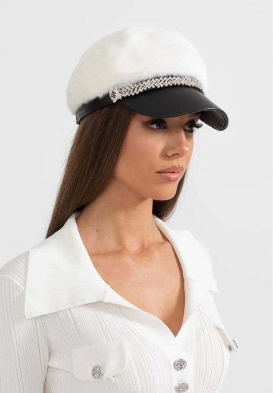 Mink Fur Hat With Leather Visor - White