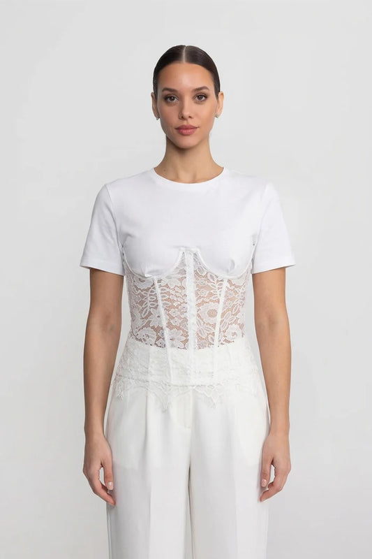 Short Sleeve Top With Lace Corset Overlay - White