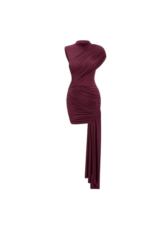 Fée Burgundy Asymmetrical Ruched Mini Dress
