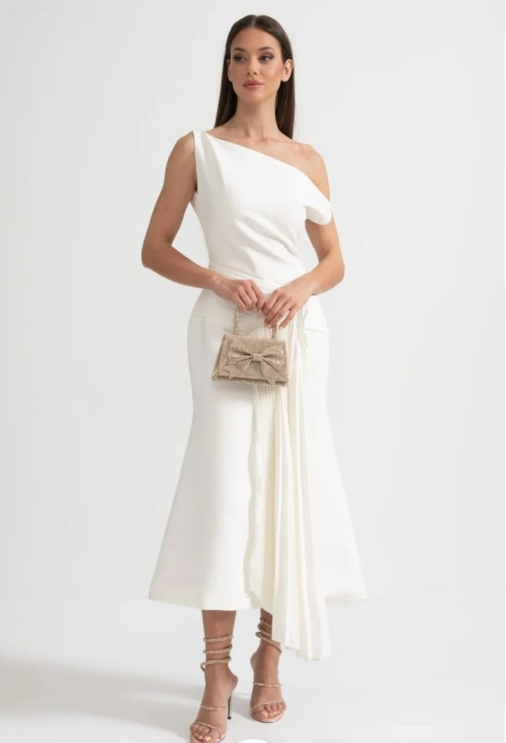 Off-Shoulder Midi Dress With Pleated Waist Detailing - White