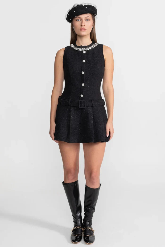 Crystal-Embellished Tweed Mini Dress With Belt – Black
