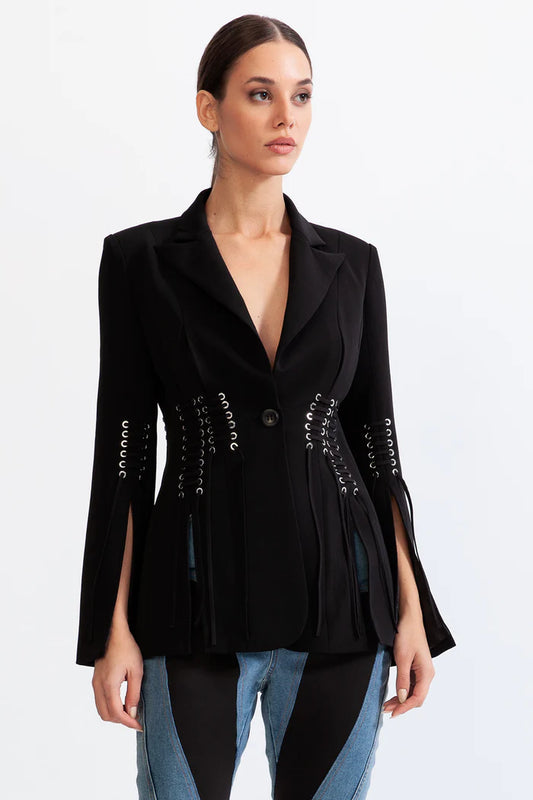 Corset jacket with fringe details - Black Sale price