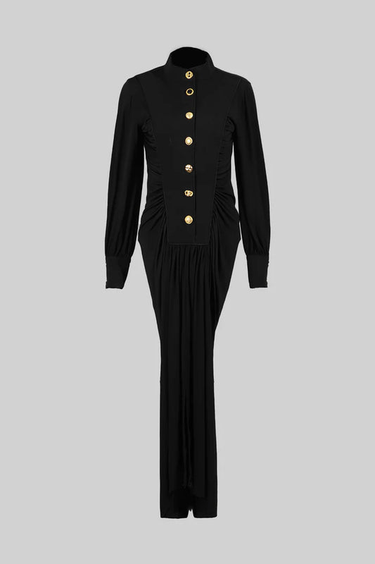 Velvet Maxi Dress with Gold Statement Buttons - Black