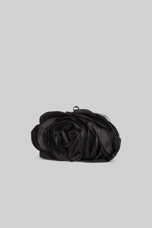 Satin Flower Clutch - Black
