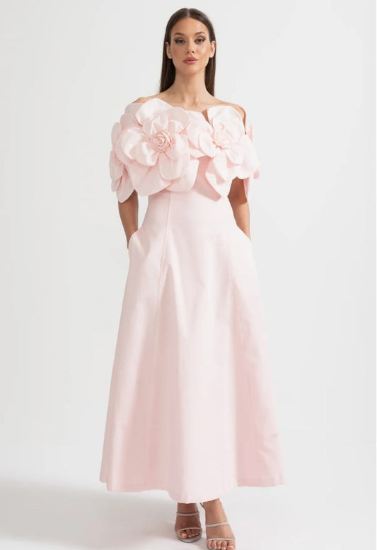 Off-Shoulder Midi Dress With Large Fabric Floral Accents - Pink