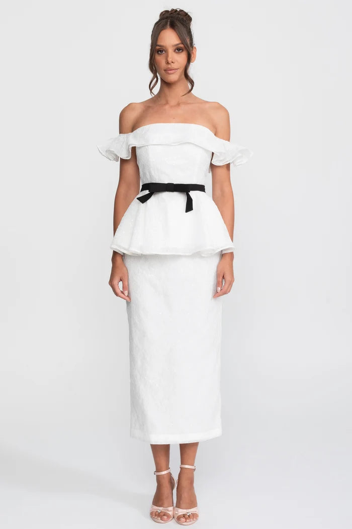 Off-Shoulder Peplum Top And Skirt Set With Black Ribbon Belt - Whit