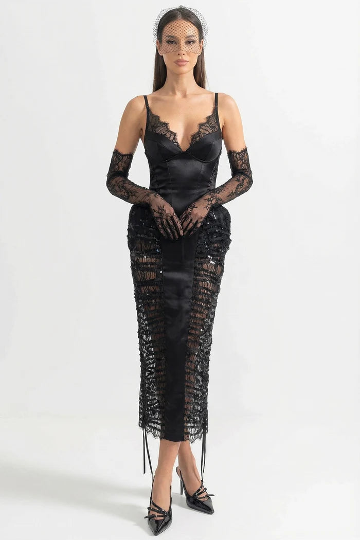 Lace-Trim Midi Dress With Sequin Sheer Side Panels - Black