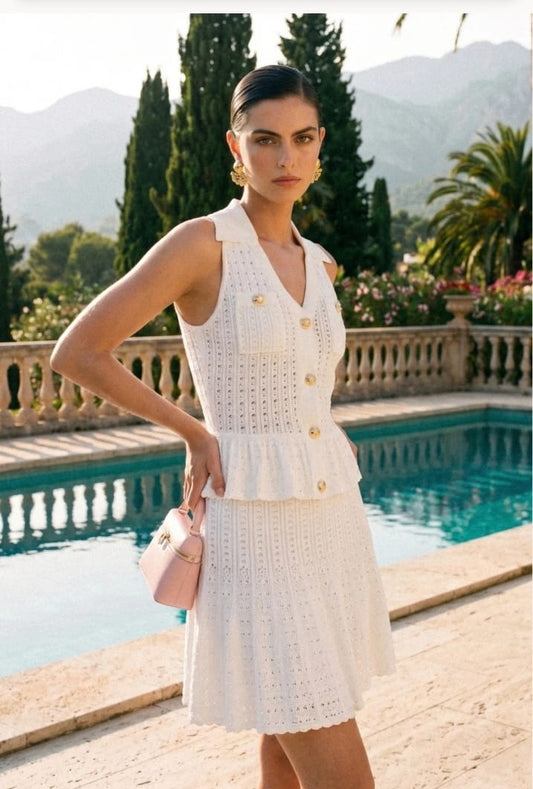 Openwork knit mini dress with V-neckline and polo neck - White