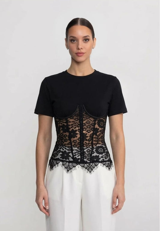 Short Sleeve Top With Lace Corset Overlay - Black