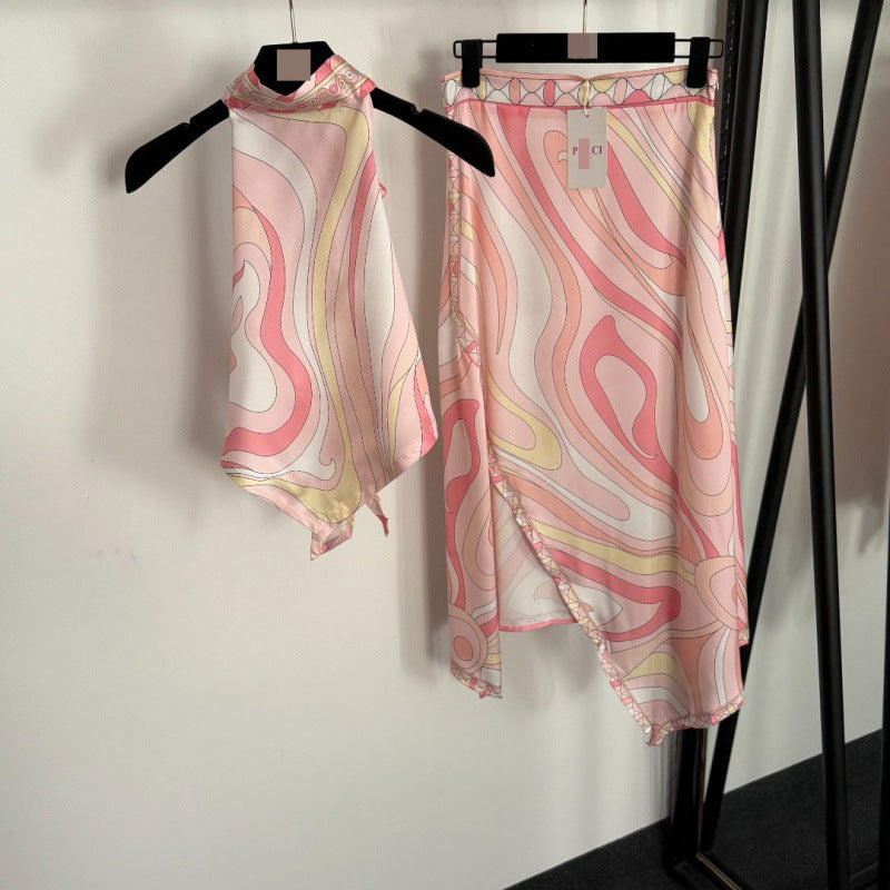 Printed Tie-Up Backless Halter Top + High-Waisted Slit Skirt set