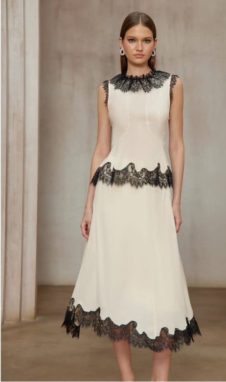 Zsófia Neutral Lace Panel Chiffon Top & Skirt Matching Set