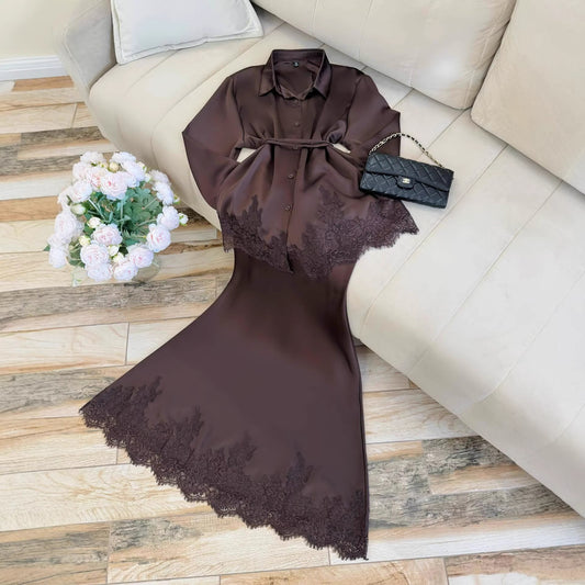 Splicing Lace-Up Long-Sleeved Shirt and Skirt Two-Piece Set