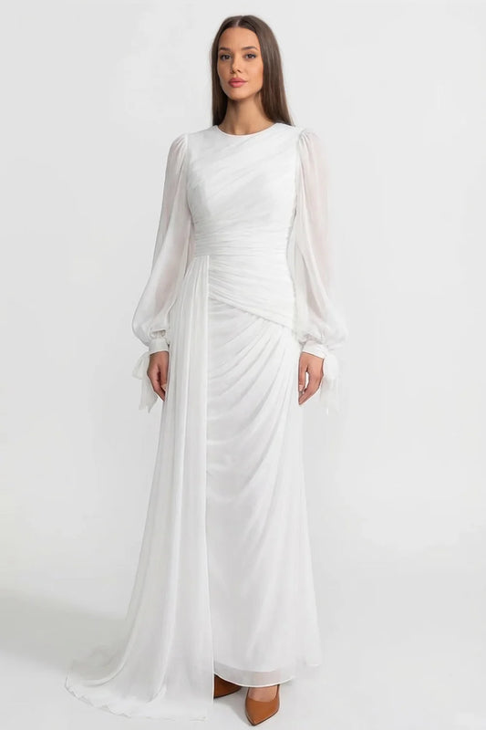 Draped Long-Sleeve Maxi Dress with Gathered Waist – White