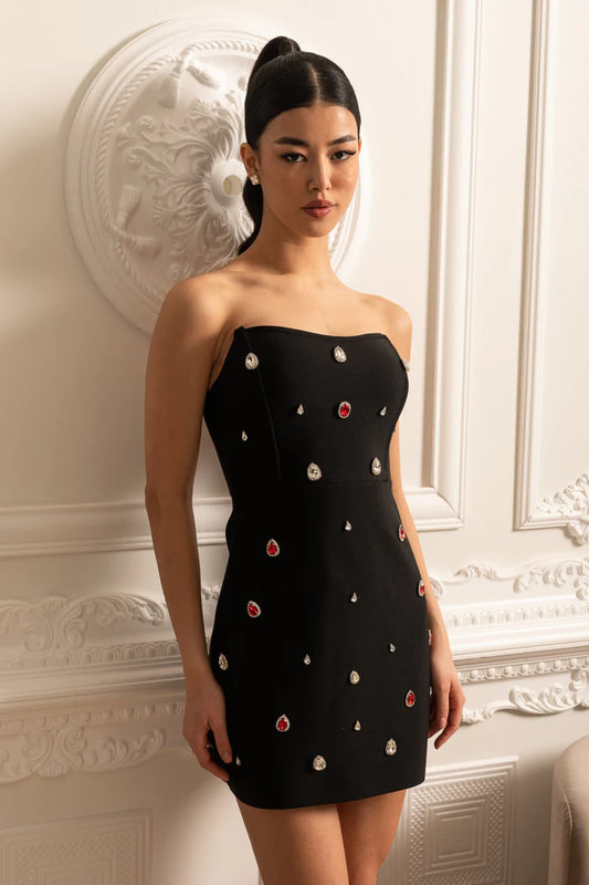 Fitted Mini Dress With Red And White Jeweled Embellishments - Black
