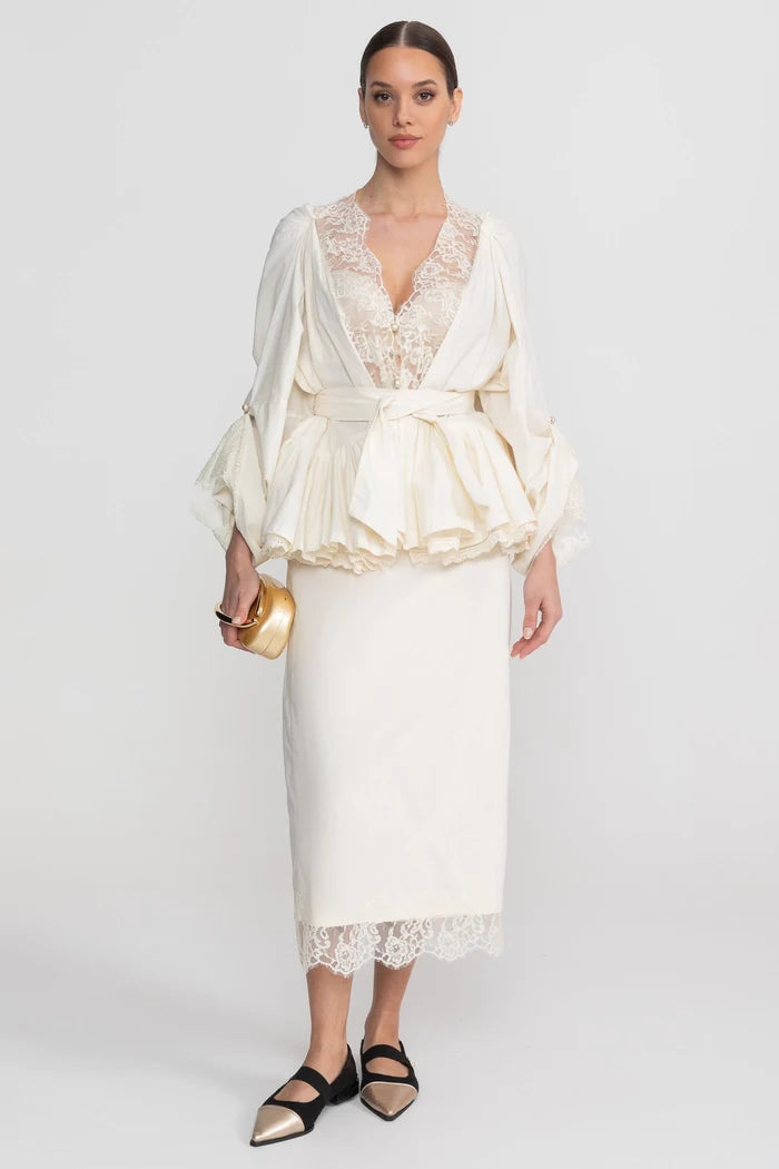 Belted Peplum Co-Ord Set With Lace Insert Detailing - Ivoire