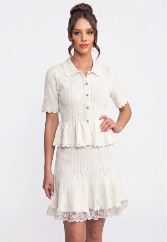 Polo Collar Knit Mini Dress with Button Top, Peplum Waist and Lace Hem - White