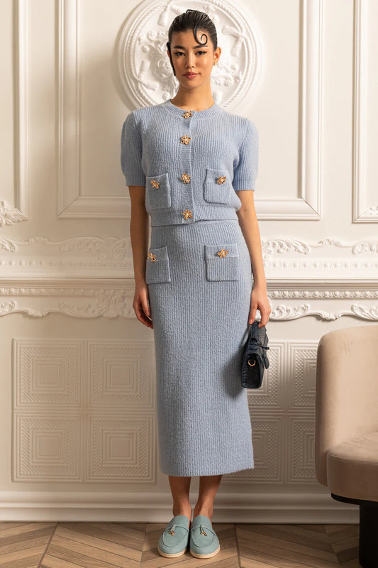 Elegant Knit Set With Front Pockets And Gold Buttons - Blue