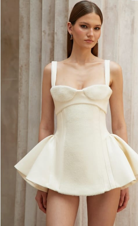 Michèle White Furry Leather Panel Mini Dress