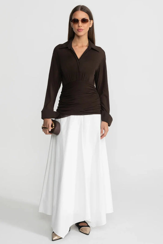 Long-Sleeve Ruched Bodice Maxi Dress – Brown & White