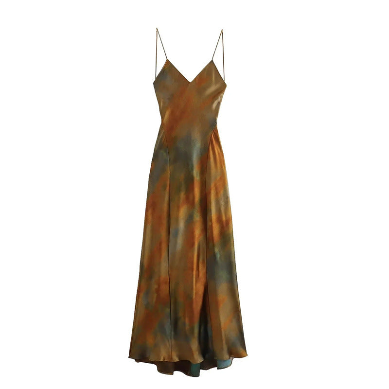 Retro silk satin printed dress