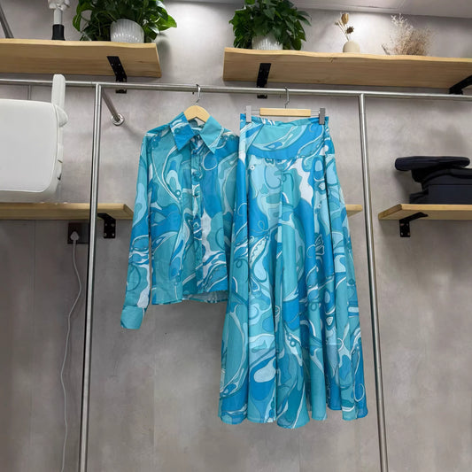 Printed Long-Sleeved Shirt and Large Hem Skirt Set