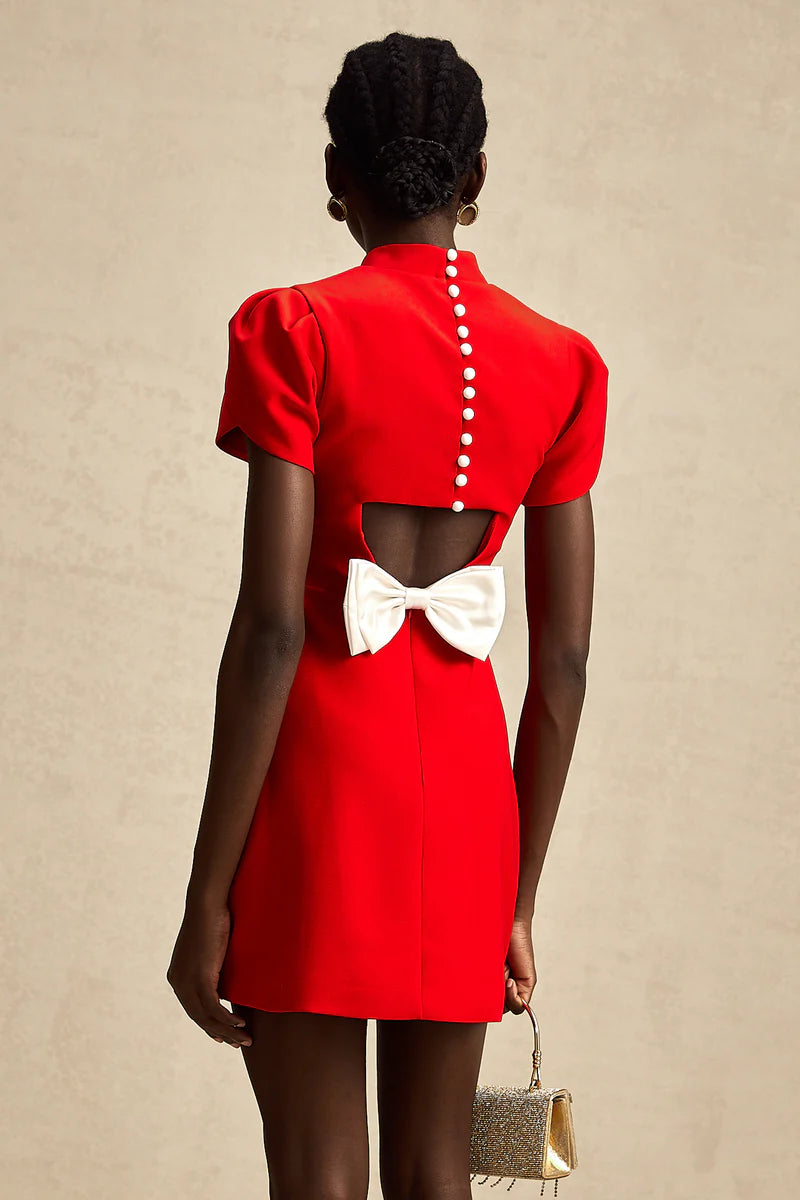 Anna Red Petal-Sheeve Cut-Out Bow Bow Robe