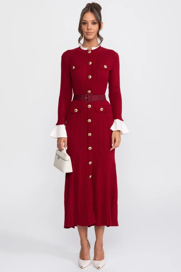 Ribbed Knit Belted Midi Dress With White Cuffs And Collar - Red