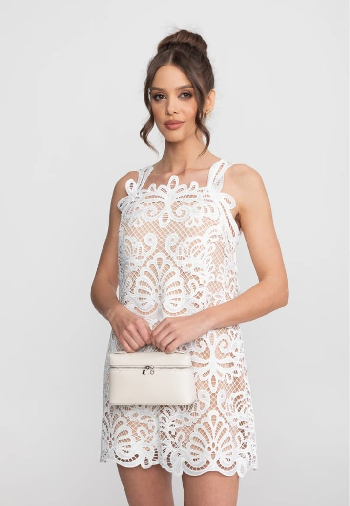 Guipure Lace Sleeveless Mini Dress With Scallop Hem - White