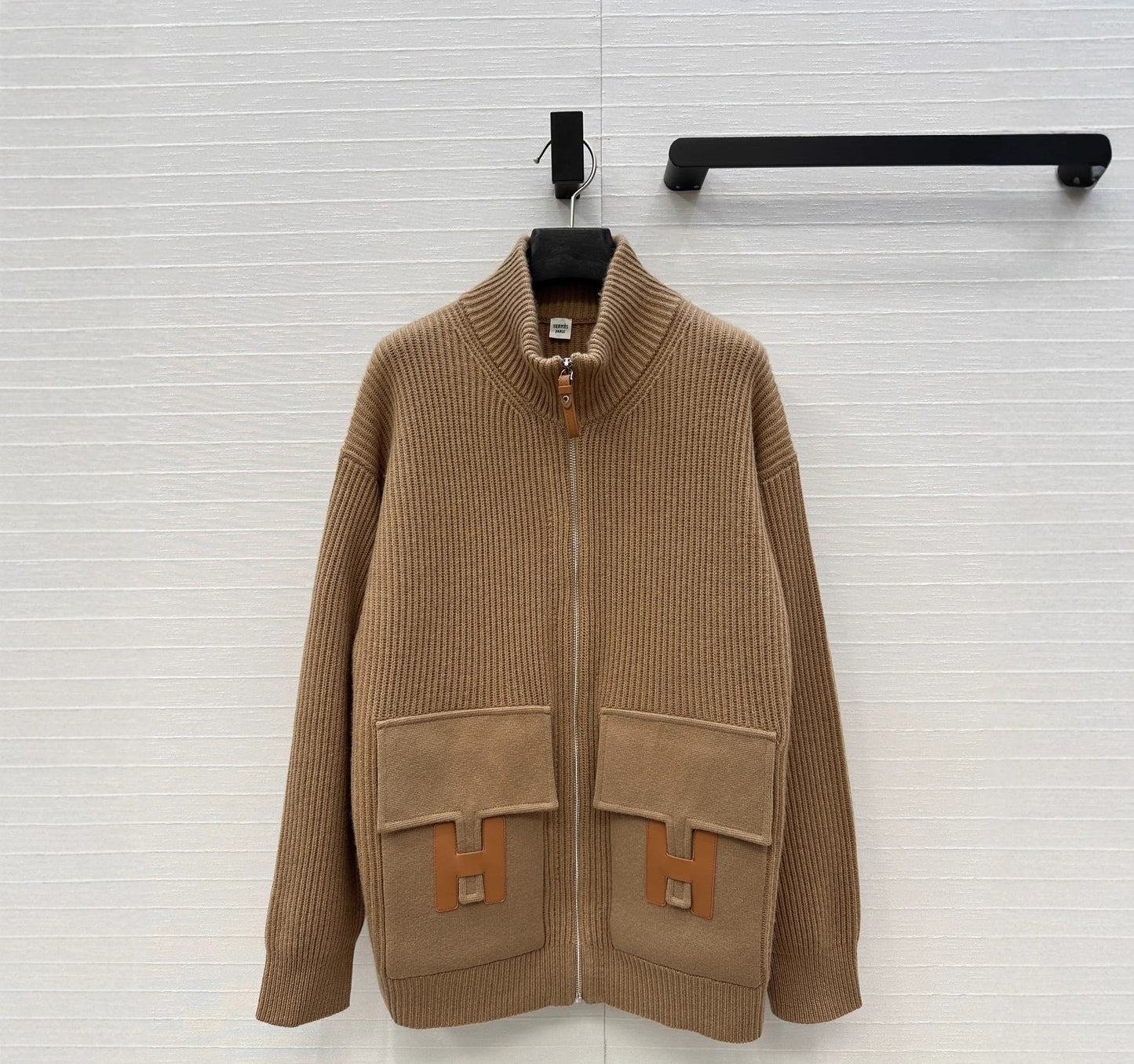 Zipper Contrast High Collar Cashmere Knit jacket