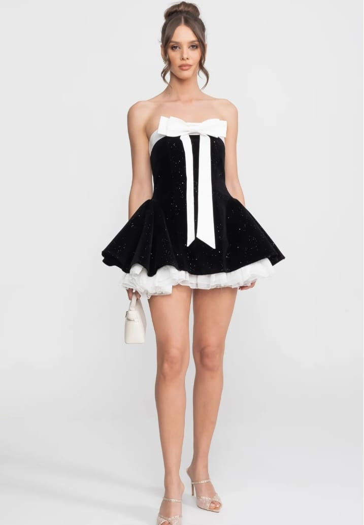 Strapless Velvet Mini Dress With Satin Bow And Ruffle Hem - Black