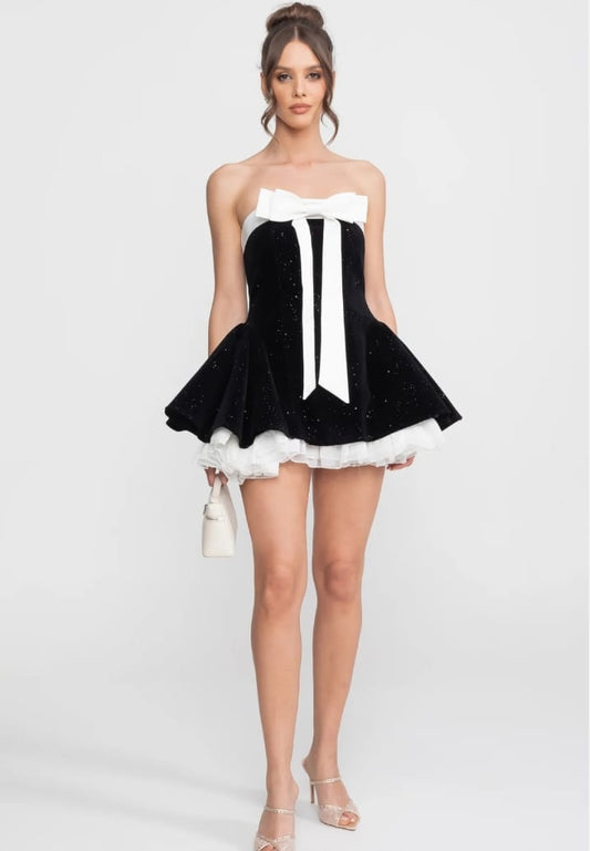 Strapless Velvet Mini Dress With Satin Bow And Ruffle Hem - Black