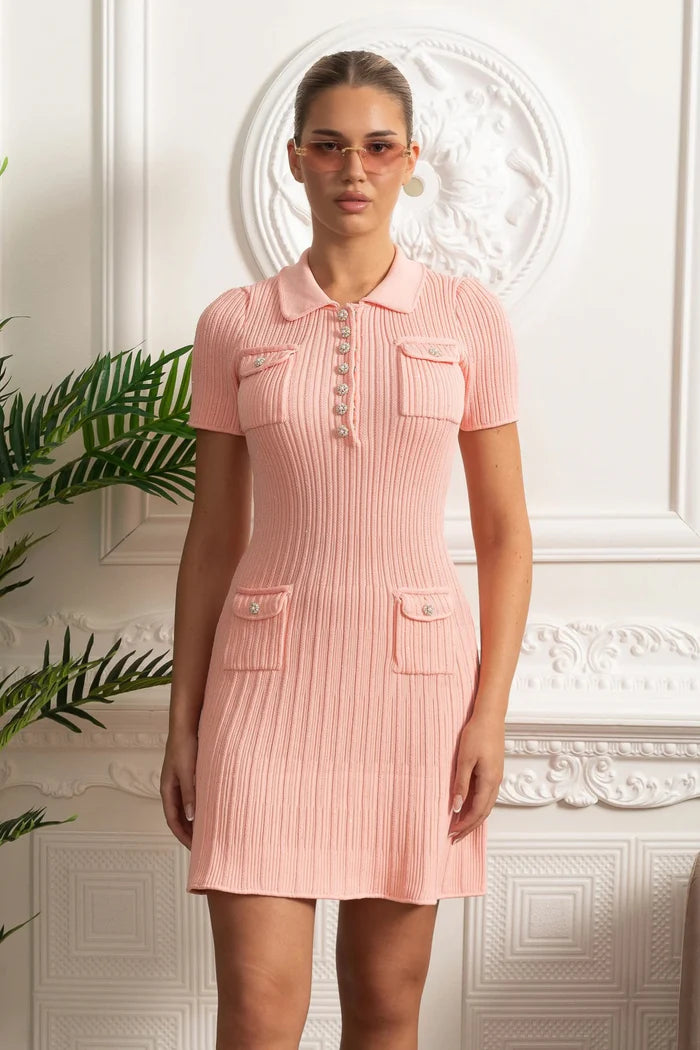 Ribbed Knit Button-Front Mini Dress - Peach