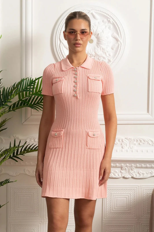 Ribbed Knit Button-Front Mini Dress - Peach