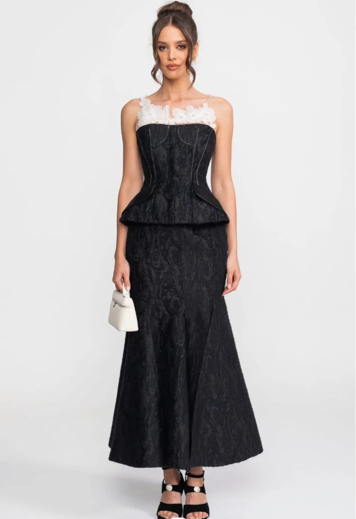 Jacquard Maxi Set With Sheer Floral Neckline And Peplum Waist - Black