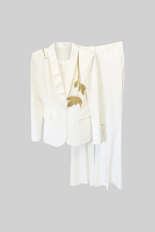 Luxurious Tailored Gilded Leaf Embroidered Blazer & Pants - White